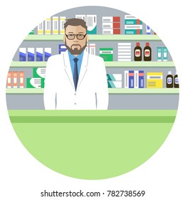 Web banner a pharmacist. Young man in a pharmacy: standing in front of shelves with medicines. Vector illustration