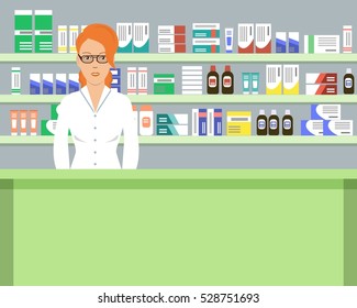 Web banner of a pharmacist. Young woman in the workplace in a pharmacy: standing in front of shelves with medicines. Vector illustration