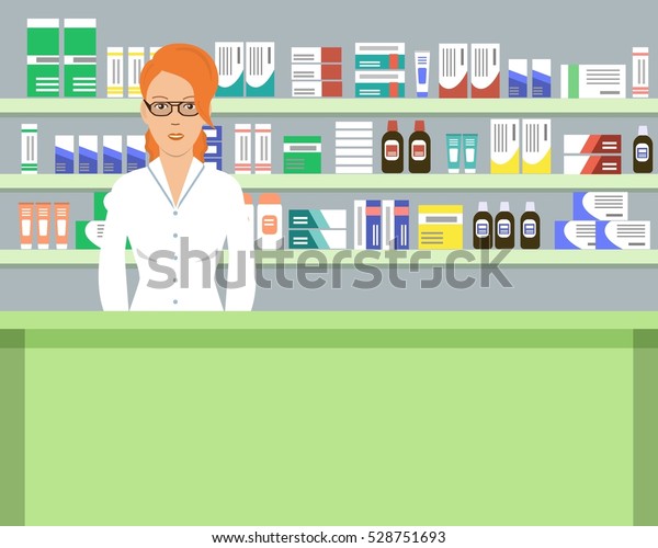Web Banner Pharmacist Young Woman Workplace Stock Vector Royalty