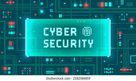 Web banner with the phrase Cyber Security. Concept of computer and privacy protection or safety system. Sci-fi screen background with neon design. 8 bit vector illustration in pixel art style