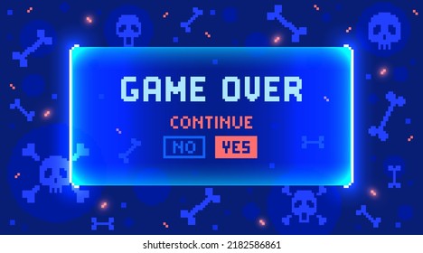 Web banner with phrase Game Over. Sci-fi screen background with neon design. 8 bit computer game in pixel art style vector illustration