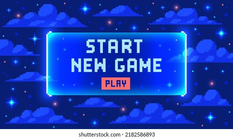 Web banner with phrase Start New Game. Sci-fi screen background with neon design. 8 bit computer game in pixel art style vector illustration