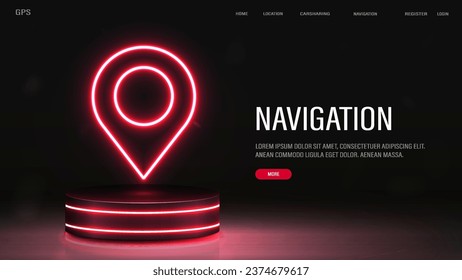 A web banner with a pin map icon on a neon podium on a black background. A concept for GPS and navigation.