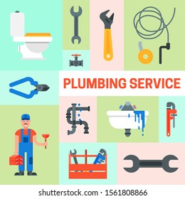 Web banner of plumbing services set vector illustration. Professional plumber man with tool case and plunger is repairing sink, faucet, pipes.