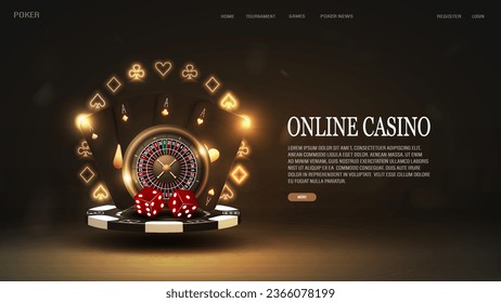 A web banner with poker cards, casino roulette, dice on a podium made of chips with a neon frame of diamonds, hearts, spades and crosses in black and gold.