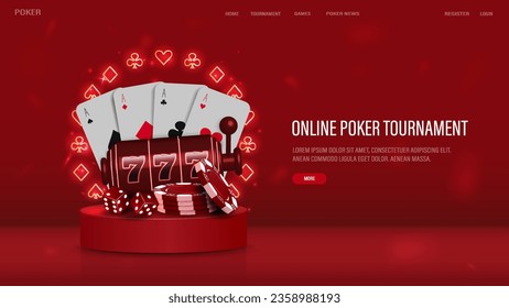A web banner with poker cards, chips and dice on the podium with a bright neon frame of the suits of spades, hearts, diamonds and crosses on a red background with text. A concept for a casino.