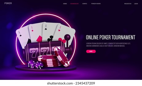 Un banner web con tarjetas de póquer, dados, chips y una máquina tragaperras en el podio con un marco neón brillante en azul y púrpura. Un concepto para un casino.