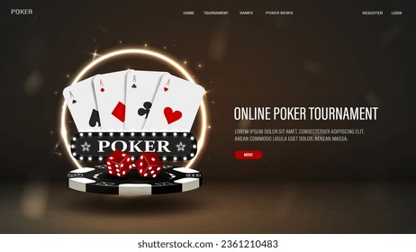 A web banner with poker cards, dice and a chip with a neon gold round frame on a dark background. A concept for a casino with text.