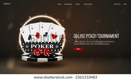 A web banner with poker cards, dice and a chip with a neon gold round frame on a dark background. A concept for a casino with text.