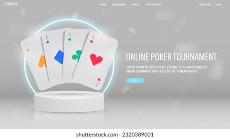 A web banner with poker cards on a white podium with a bright neon arch. A concept for a casino-themed website.