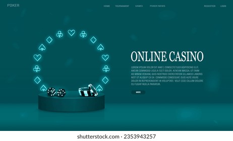 A web banner with poker dice and chips on the podium with a bright neon frame with card suits. A concept for a casino.