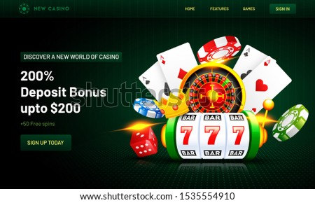 Web banner or poster design with 3d casino elements such as slot machine, roulette machine, chips, crown and playing cards on green background.