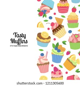 Web banner or poster vector cute cartoon muffins or cupcakes background with place for text illustration