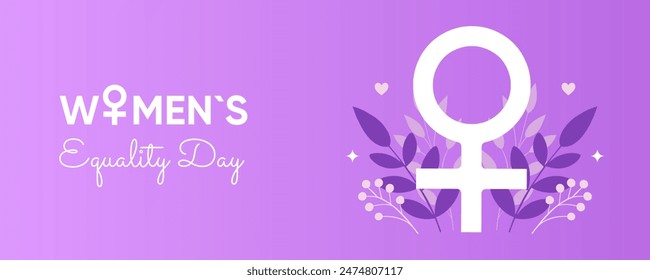 Web banner, poster for women's equality day. Venus sign in flowers . Purple background