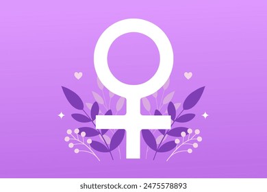 Web banner, poster for women's equality day, 8 march. Venus sign in flowers . Purple background