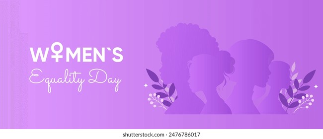 Web banner, poster for women's equality day. Silhouettes of women. Purple