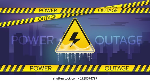 Web banner of a power outage with a warning sign is covered with ice and icicles,  safety tapes, and a night city without electricity.