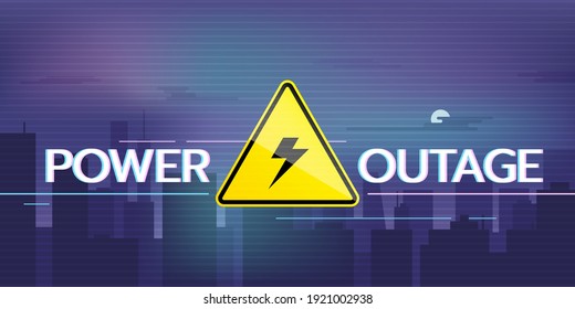 Web banner of a power outage with a warning sign of high voltage and a night city without electricity. Editable lines.