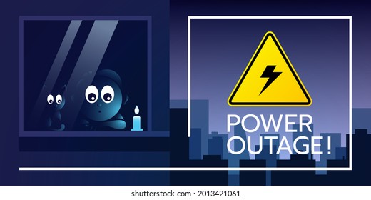 The web banner of a power outage with a warning sign in the background of the city without electricity also there is a kid with a cat in the window is staring eyes.