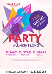 Web banner or print poster for party all night long. Great concept for club and party promotions and advertisement. Vector illustration, vector background