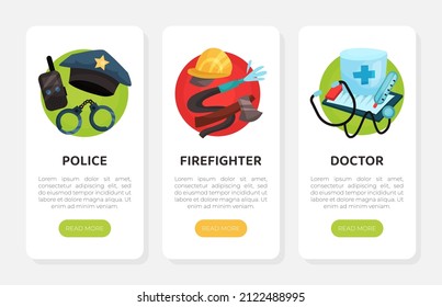 Web Banner for Professional Orientation with Police and Firefighter Occupation Symbols Vector Template