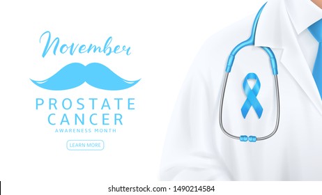 Web banner for Prostate cancer awareness month. Doctor with blue satin ribbon and stethoscope on white background. Men healthcare concept. Vector illustration.