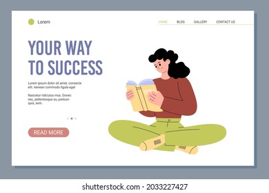 Web banner for public library or bookstore. Woman literary fan enjoy of reading book, female student study of textbook. Concept education and knowledge. Vector flat illustration.
