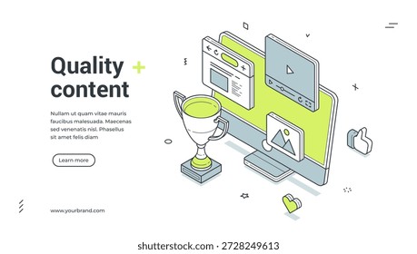 Banner da Web para criação de conteúdo de qualidade. Ilustração vetorial isométrica com computador, troféu, ícones de mídia. Modelo moderno para uma página inicial de marketing digital ou agência criativa