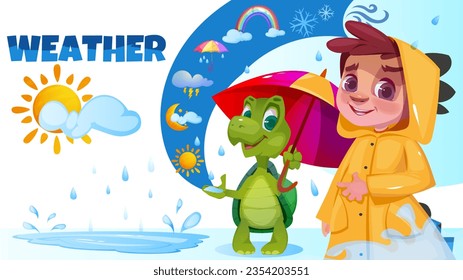 Web banner with rainy day weather. Online website homepage with rain and rainbow, umbrella and raincoat, kid and turtle. Cute poster with smiling characters. Cartoon flat vector illustration