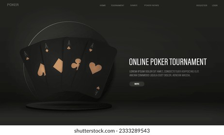 A web banner with real black and gold poker cards on a 3D podium. A poster on the casino theme with text.