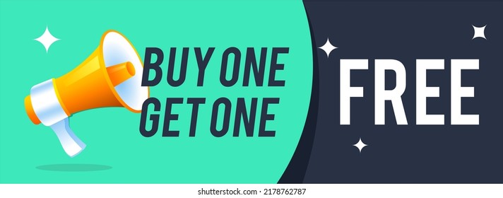 Web banner with realistic megaphone announcing promotion of buy one get one free. online shopping e-commerce free special gift. Realistic loudspeaker design and promotion text vector illustration.