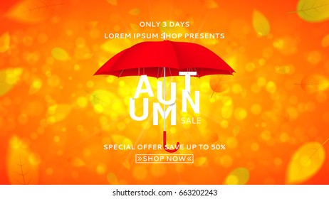 Web banner with red umbrella for autumn sale. Seasonal offer with discounts. Bright orange background with the falling leaves. Vector illustration with paper white letters.