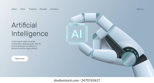 Web banner with robot hand holding processor, technology, machine learning, neural network, Artificial Intelligence (AI) landing page concept.