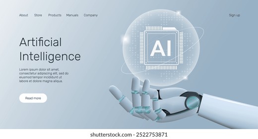 Banner da web com mão robô segurando processador, tecnologia, aprendizagem de máquina, rede neural, conceito de página inicial de Inteligência Artificial (AI).