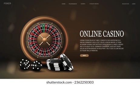 A web banner with a roulette for a casino with dice and poker chips in gold on a black background.