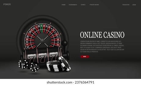 A web banner with a roulette, a casino slot machine, dice and poker chips in black, red and gold on a gray background.