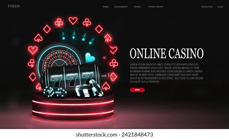 A web banner with roulette, slot machine, chips, dice and poker cards on a podium with a neon frame of suits. A concept for a casino.