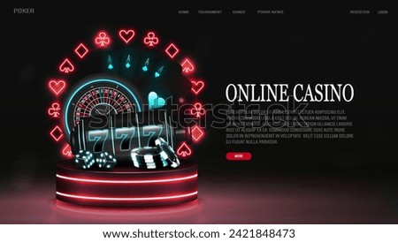 A web banner with roulette, slot machine, chips, dice and poker cards on a podium with a neon frame of suits. A concept for a casino.