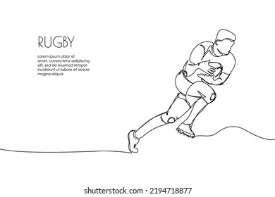 Web Banner Rugby Player With Ball, Forward One Line Art. Continuous Line Drawing Of Promotion Poster American Football, Game, Sport, Soccer Ball, Activity, Training, Running, Competition, Cleats.