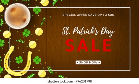 Web Banner for Saint Patrick's Day Sale. Top View on Festive Composition with Horseshoe, Beer Glass, Golden Coins and Clover Leaves on Wooden Texture. Vector Illustration with Confetti.