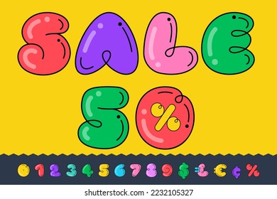 Web banner with Sale lettering and numbers set in funny bold childish style. Ideal for colorful applications, street art design, bright advertising, toy packaging, multimedia identity.