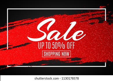 Web banner for sale. Red grunge line with glitters in frame. Black background. Big discounts. Special offer. Background for your project. Vector illustration. EPS 10