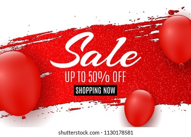 Web banner for sale. Red grunge line with glitters. Red balloons. White background. Big discounts. Special offer. Background for your project. Vector illustration. EPS 10
