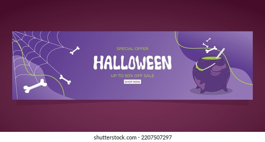 Web banner sale template for Halloween on purple gradient background, Special offer