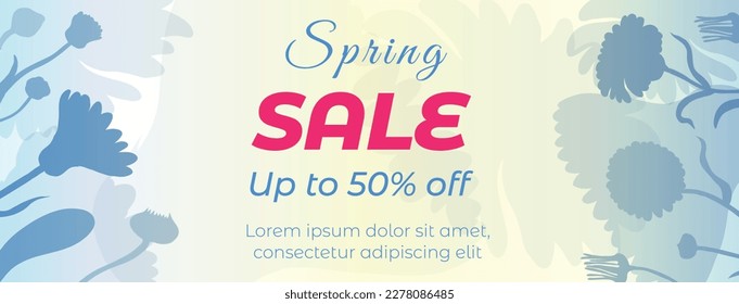 Web Banner with sample text and bluish Calendula leaves and flowers made in silhouettes. Semi-transparent scaled flower parts underneath. Banner for spring ad campaigns.