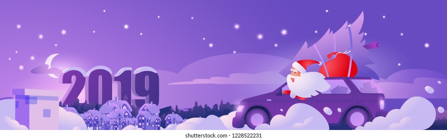 Web Banner with Santa Claus in the car. Design for website headers. Santa Claus is driving car. Delivery of gifts. Tree in the trunk. The new year atmosphere. Christmas night.