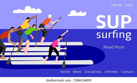 Web banner for sap surfing competitions. Male athletes on their way to the finish line. Vector flat illustration.