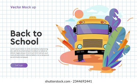 Banner web con bus escolar en la carretera, patrón de papel a cuadros. De vuelta a la escuela. Ilustración del vector