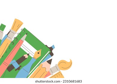 Web banner with school supplies vector isolated. Back to school concept, different stationery in the corner. Pen, ruler, brush and notebook. Empty space for advertising message. School preparation.