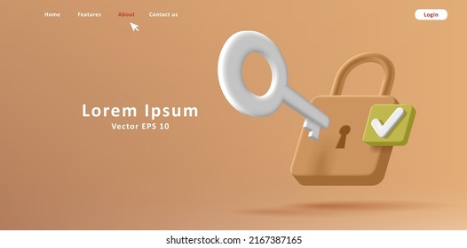 Web banner with security 3d isometric illustration of padlock with key